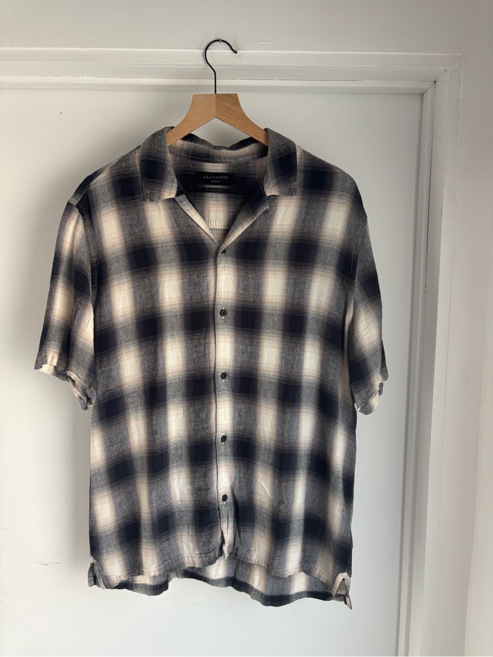 All Saints Men’s Short-Sleeve Plaid Button-Up in Navy and Cream